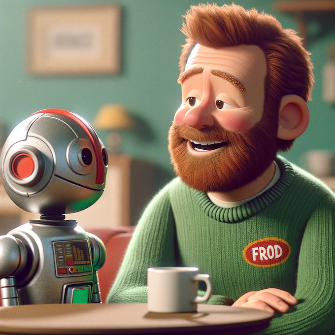 KI-generert bilde av Jørgen som prater med en robot ved et kaffebord